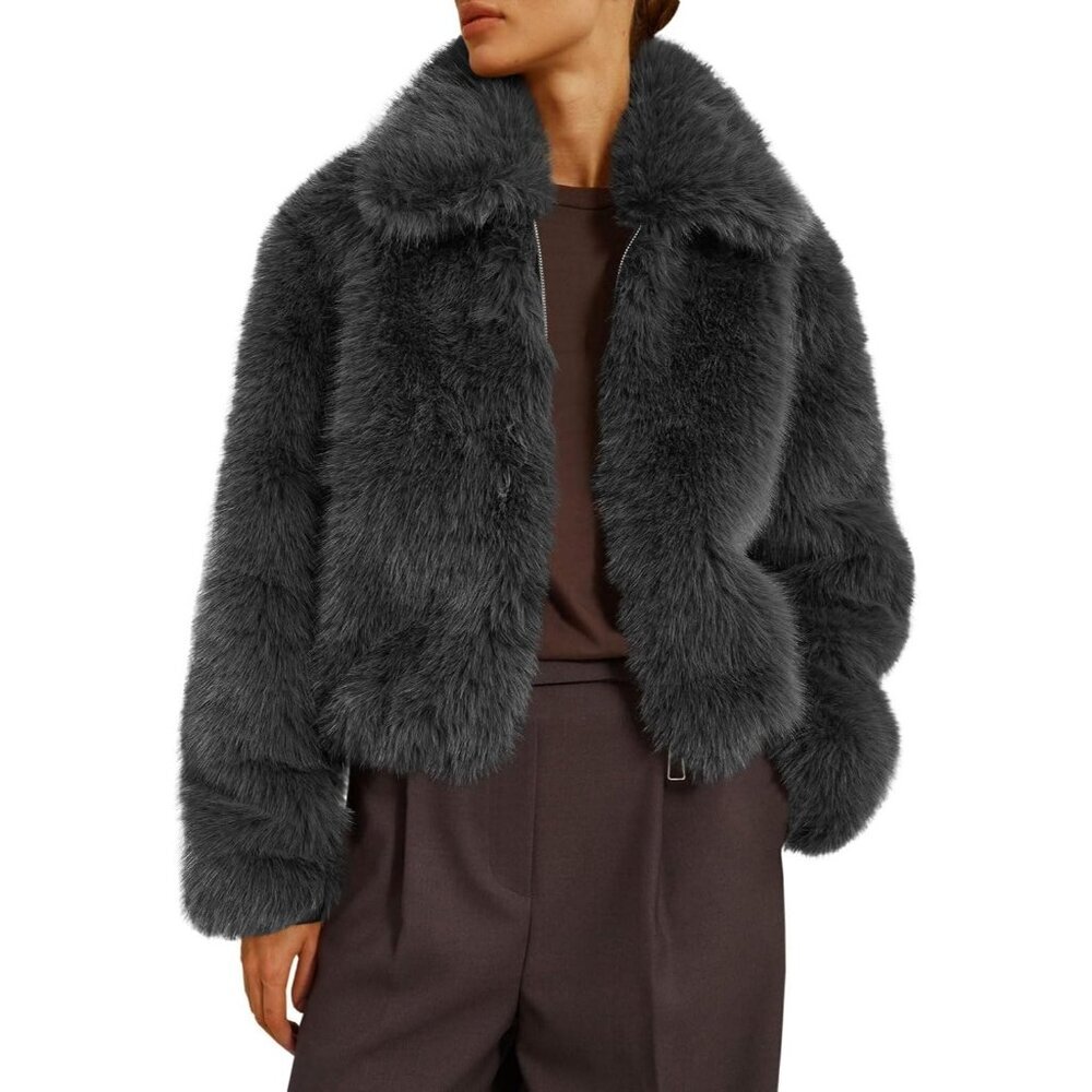 Women's Cropped Faux Fur Jacket Shaggy Lapel Zip Up Winter Coats Fuzzy Grey